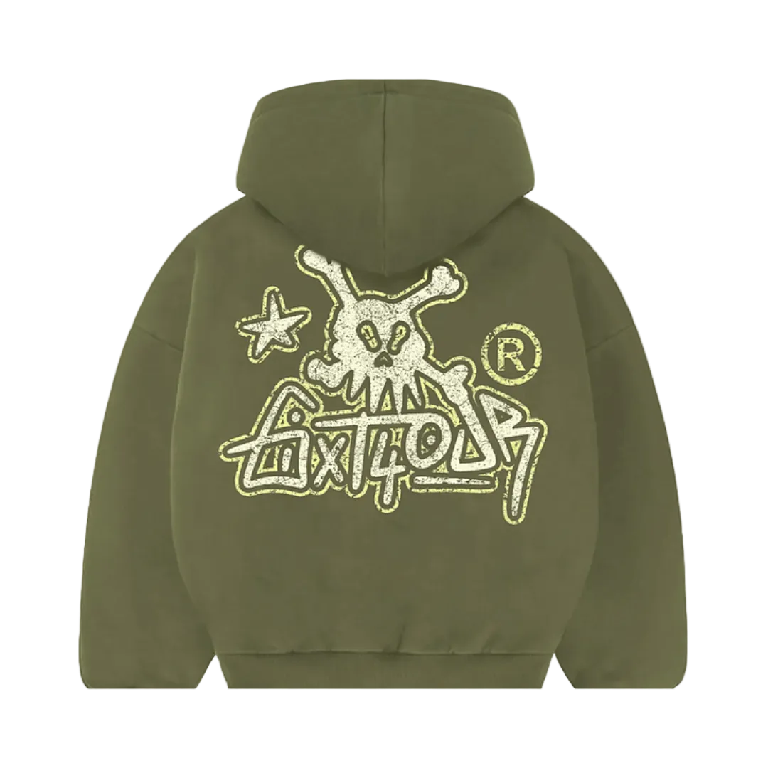 6ixt4our Skull Hoodie Green