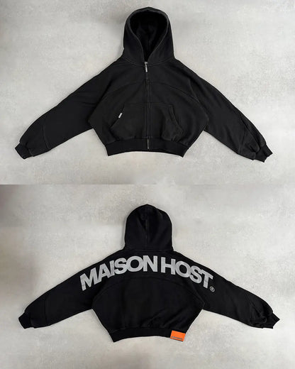 Maison Host Panels Zipped Hoodie Black