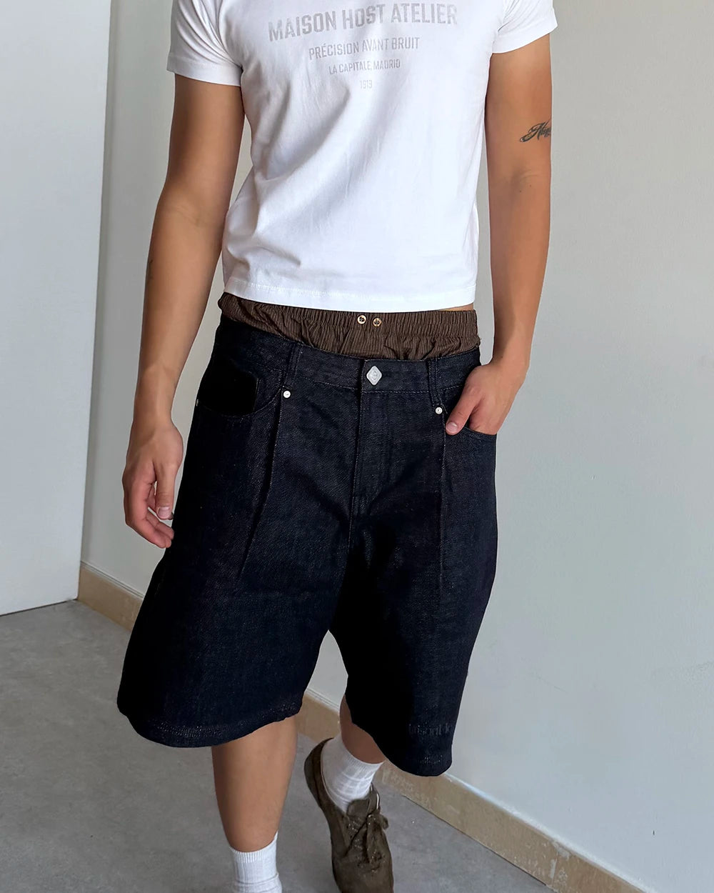 Host Raw Denim Pleated Shorts - blue | Saturday Concept